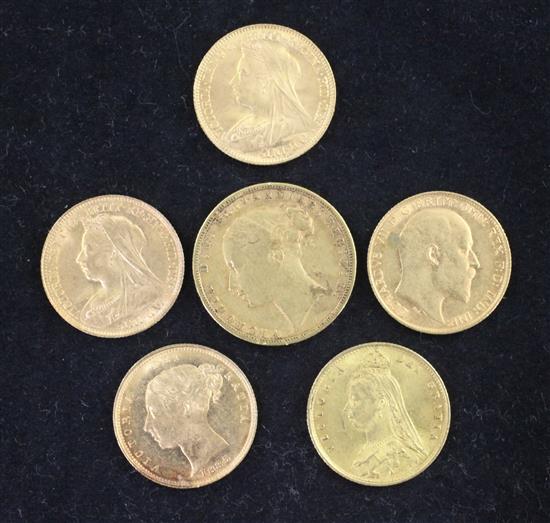 Five Victoria gold half sovereigns, (6)